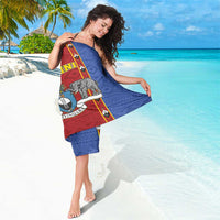 Blue and red African shield print sarong, shoulder drape with side knot