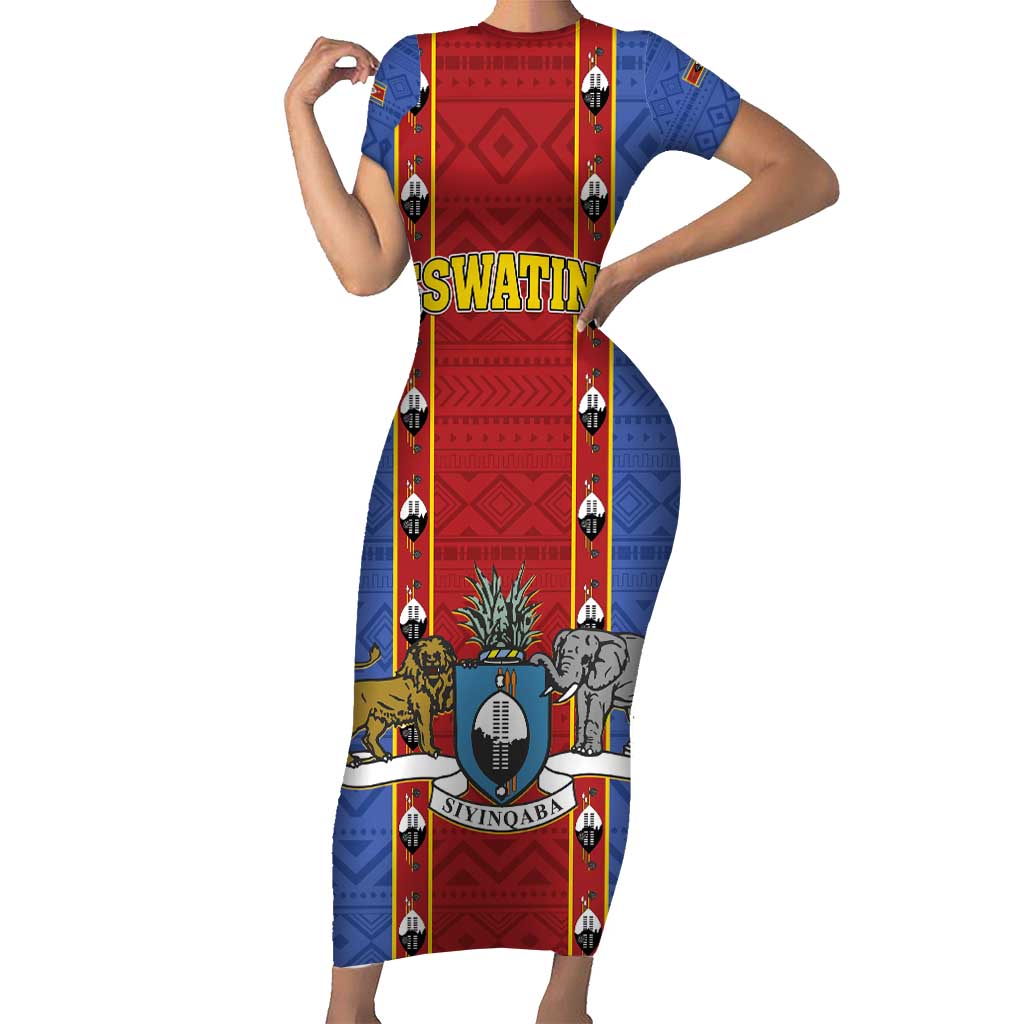 Eswatini African Pattern Short Sleeve Bodycon Dress Swaziland Shield Siyinqaba - Wonder Print Shop