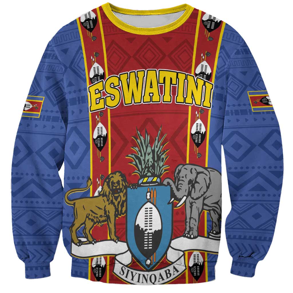 Blue African pattern sweatshirt with red shield crest, ESWATINI lettering, and animals