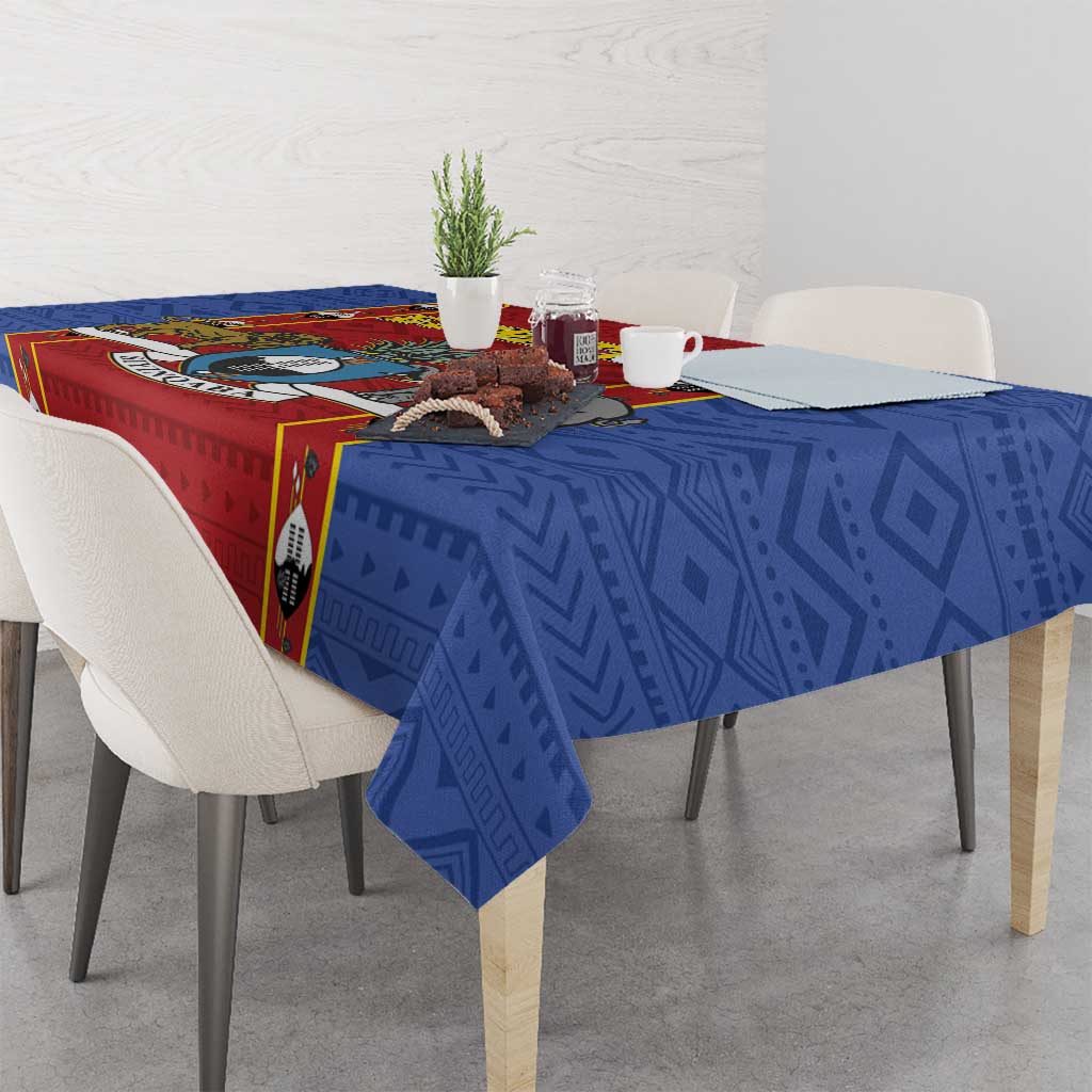 Rectangular tablecloth with bold blue pattern and red border detail
