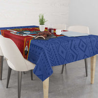 Rectangular tablecloth with bold blue pattern and red border detail