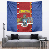 Blue and red Eswatini tapestry wall hanging with lions, elephant, and shield crest