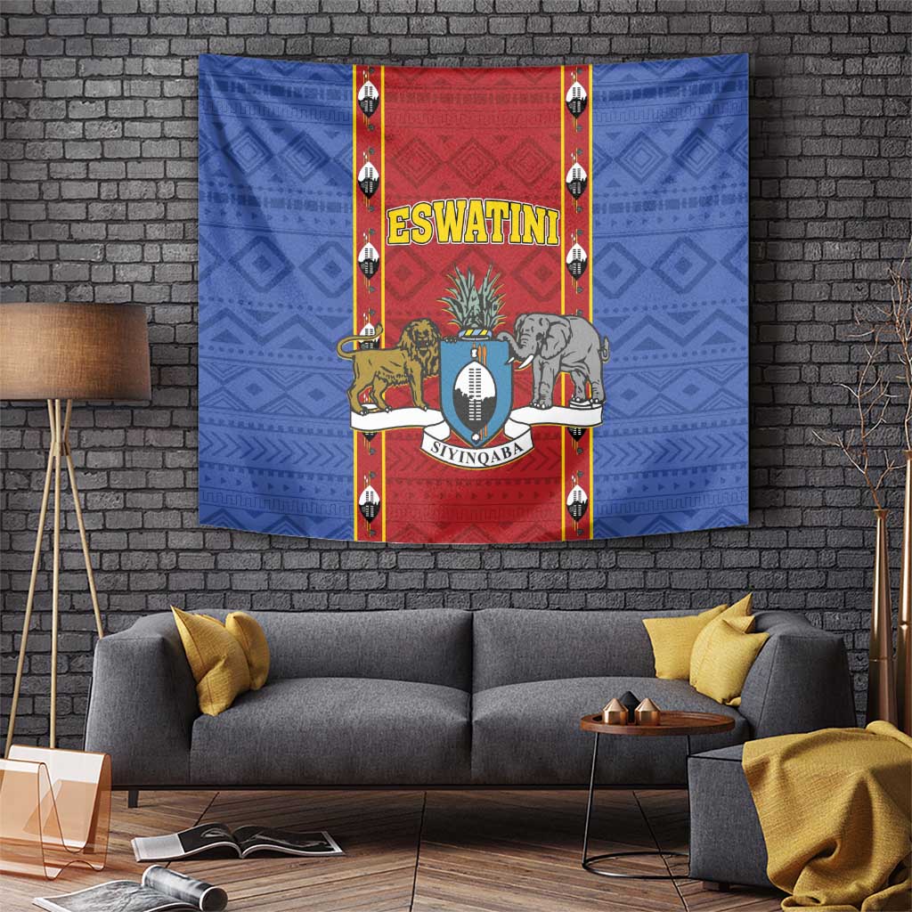 Eswatini blue tapestry with red center panel, lions, elephant, and shield crest