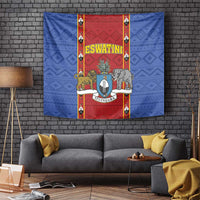 Eswatini blue tapestry with red center panel, lions, elephant, and shield crest