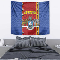 Blue and red Eswatini tapestry wall hanging with animals and shield crest centerpiece