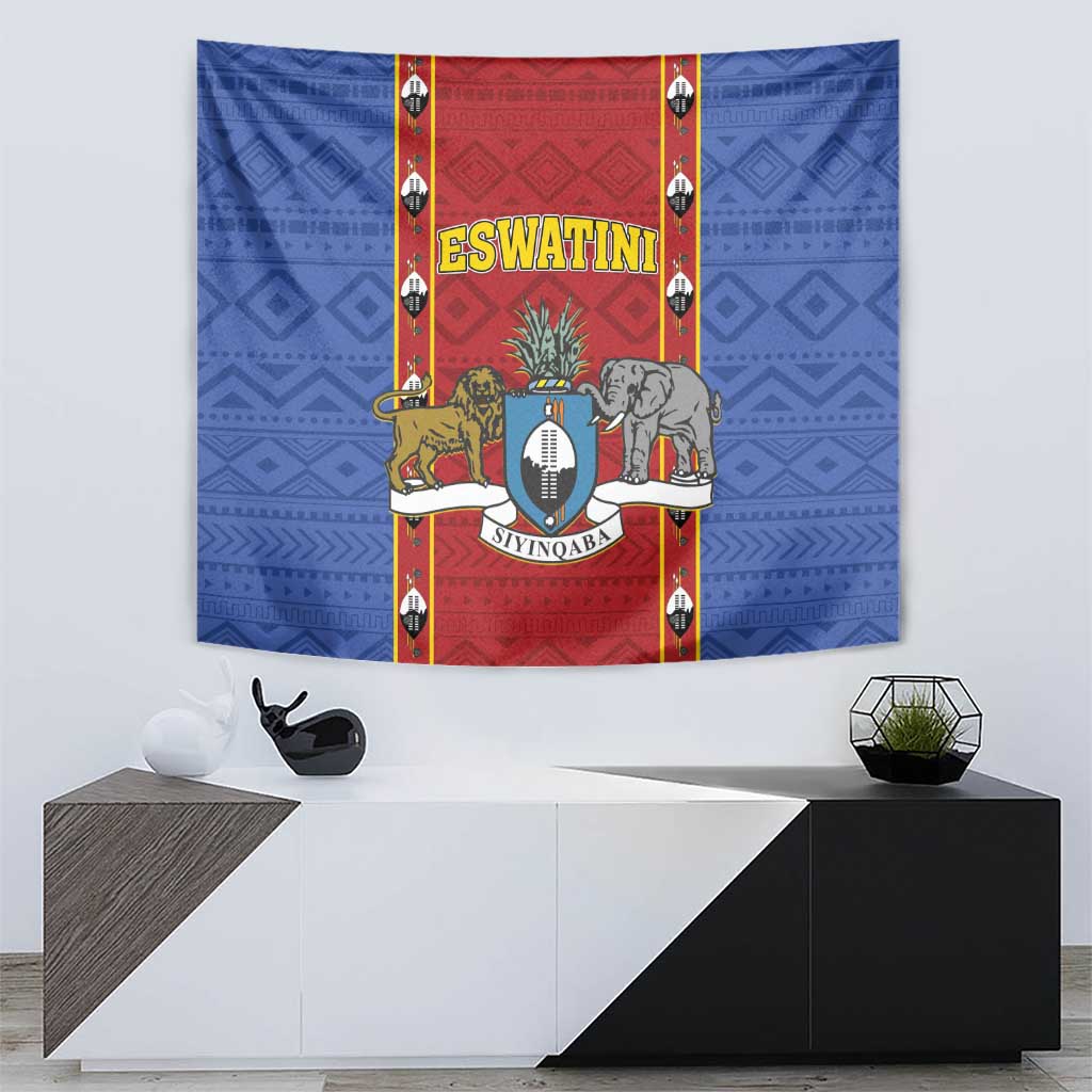 Blue Eswatini tapestry with red vertical panel, lions, elephant, and shield crest