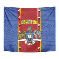 Blue Eswatini tapestry with red shield panel, lions, elephant, and ESWATINI text