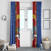 Blue and red African pattern window curtains with shield crest and animal motifs