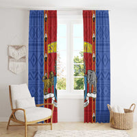 Blue and red African pattern window curtain with shield design and animal figures