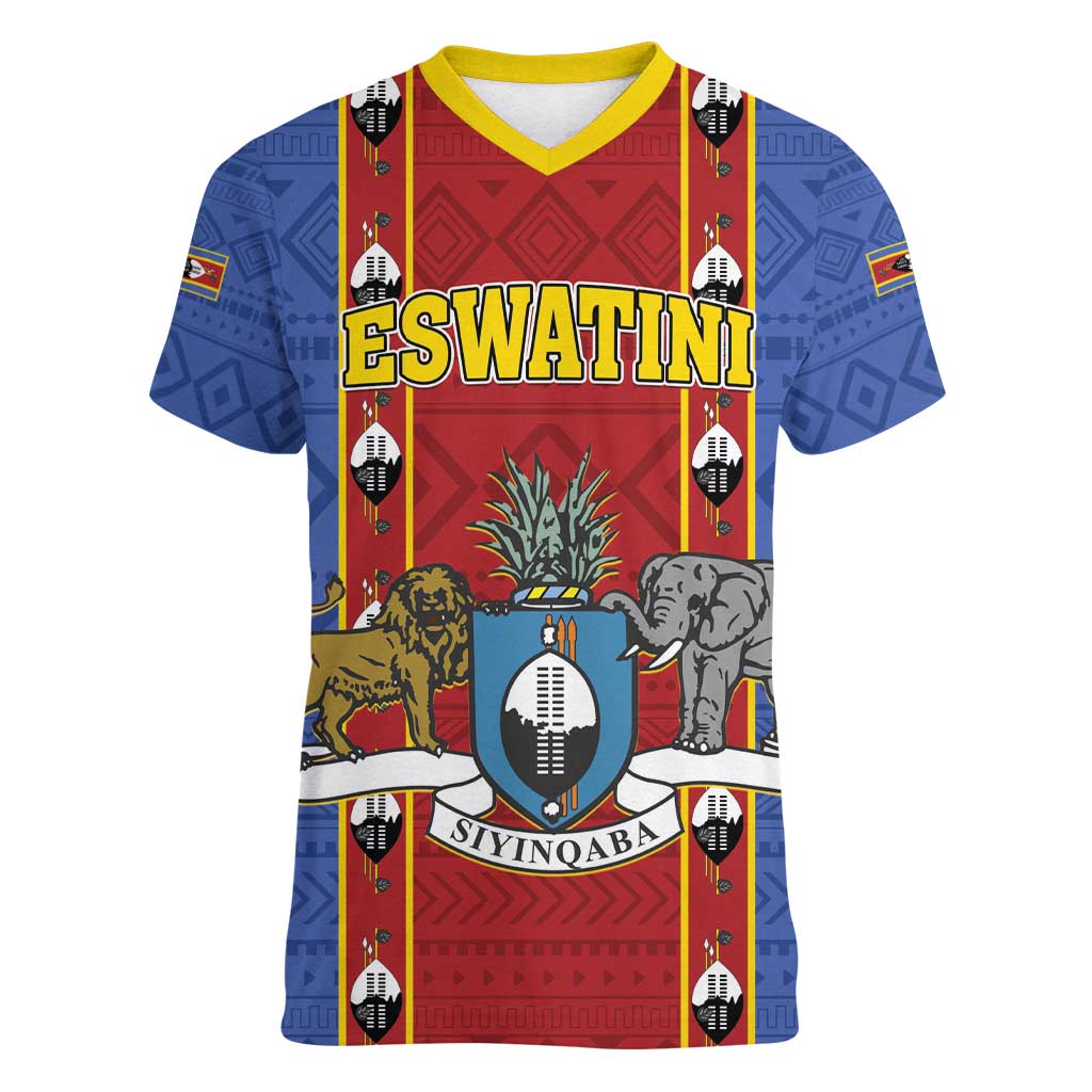 Eswatini African Pattern Women V-Neck T-Shirt Swaziland Shield Siyinqaba