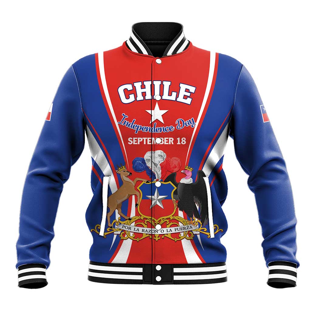 Red and blue varsity baseball jacket with Chile crest graphic, striped ribbed collar/cuffs