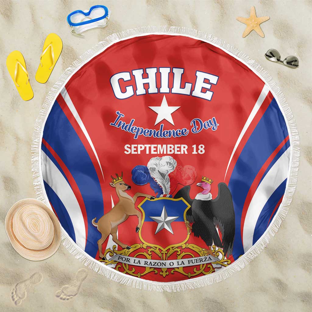 Red, blue and white round beach blanket with patriotic crest and fringe edging.