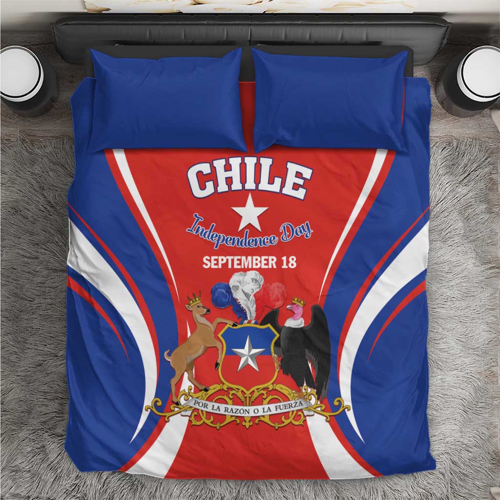Chile bedding set: red center graphic with blue-white stripes and two blue pillowcases