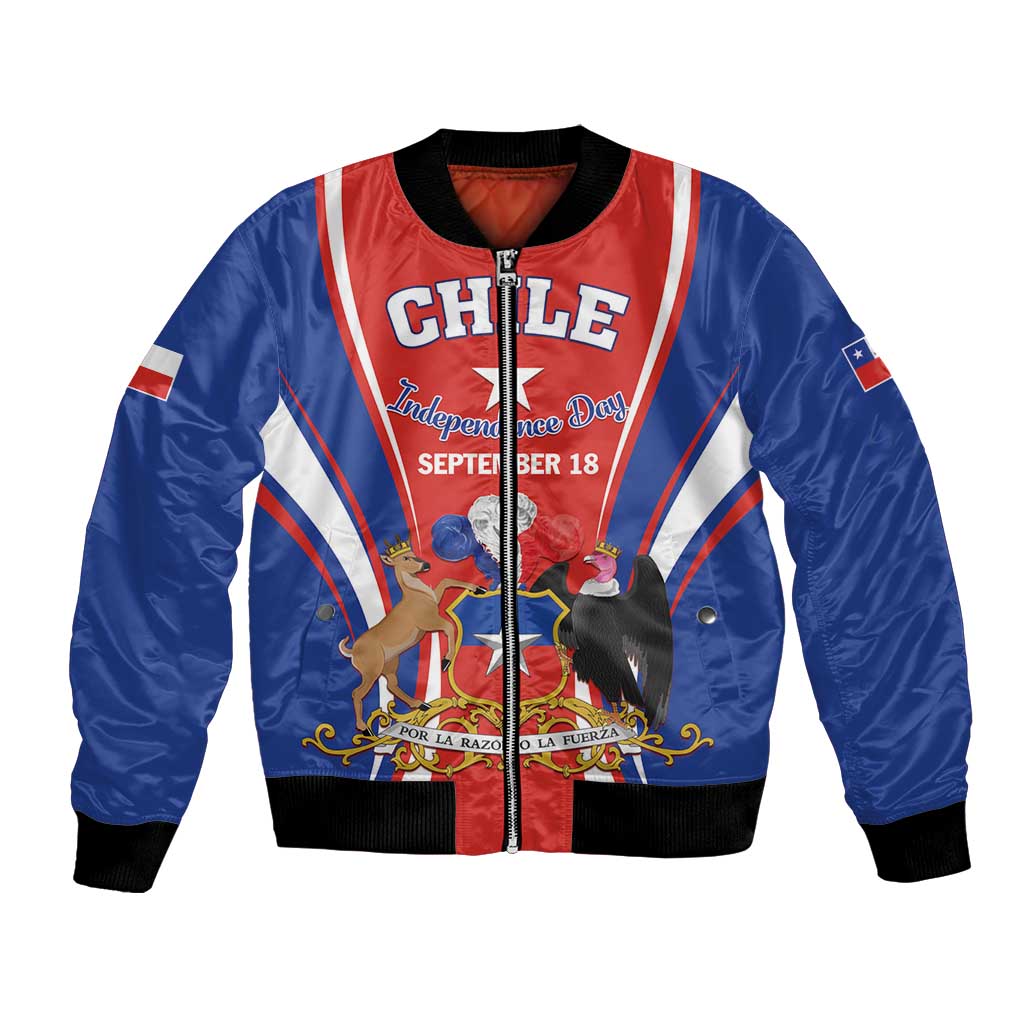 Unisex Chile bomber jacket with red-and-blue striped trim and Independence Day graphic