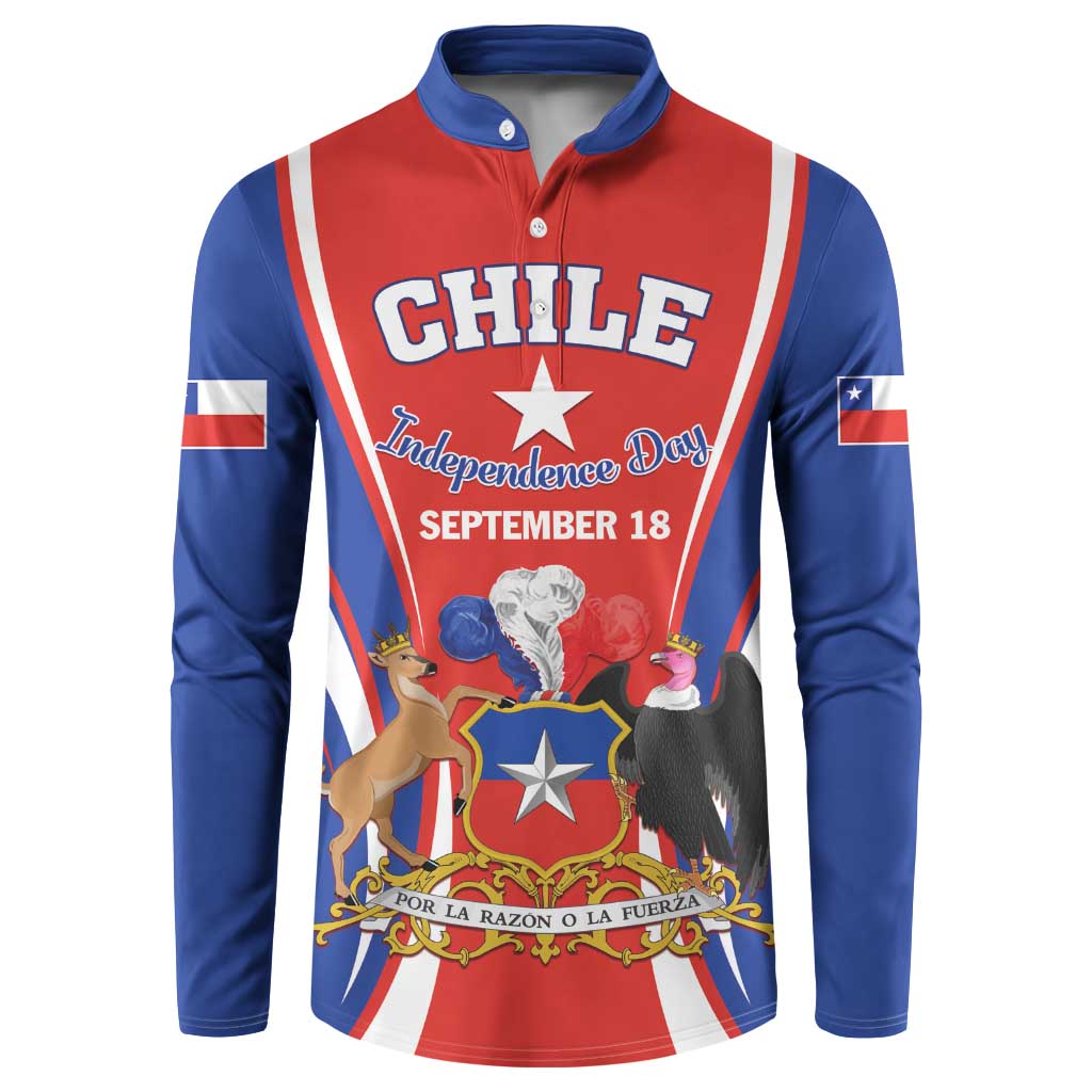 Red and blue button sweatshirt with Chile Independence Day graphic and flag sleeves