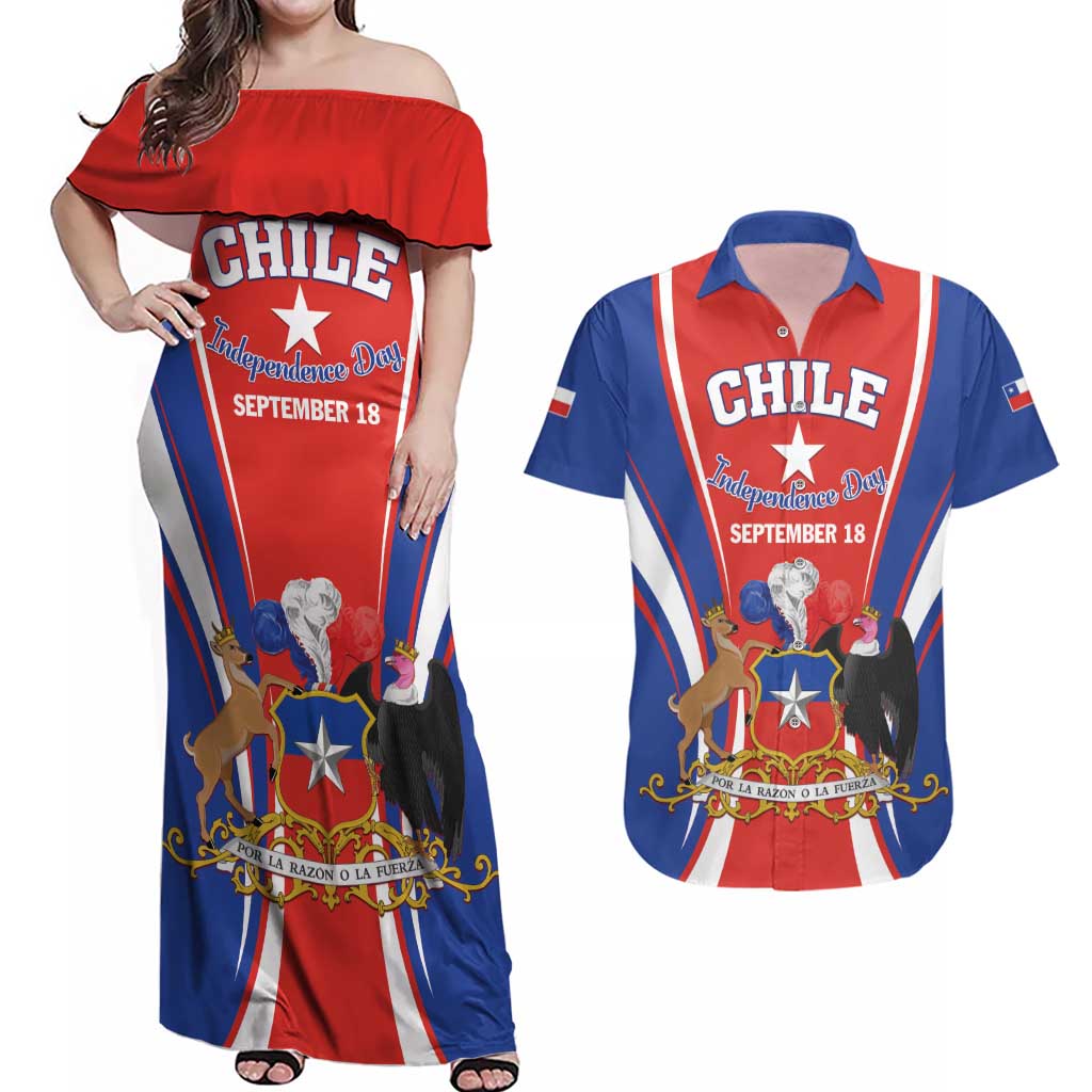 Chile Independence Day Couples Matching Off Shoulder Maxi Dress and Hawaiian Shirt September 18 Por la razon o la fuerza - Wonder Print Shop