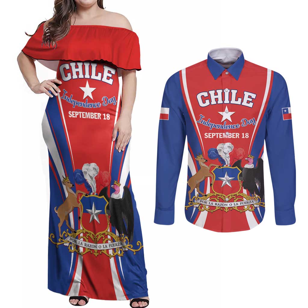 Chile Independence Day Couples Matching Off Shoulder Maxi Dress and Long Sleeve Button Shirt September 18 Por la razon o la fuerza - Wonder Print Shop