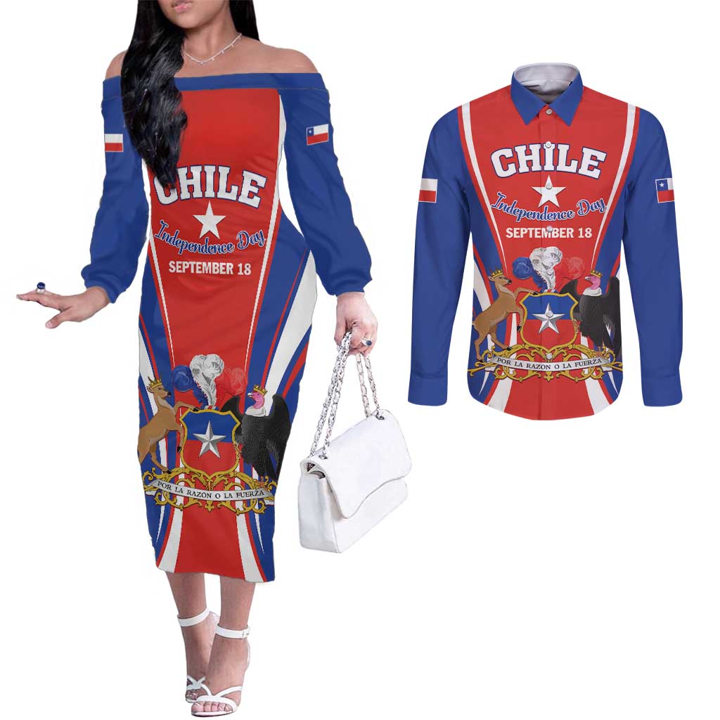 Chile Independence Day Couples Matching Off The Shoulder Long Sleeve Dress and Long Sleeve Button Shirt September 18 Por la razon o la fuerza