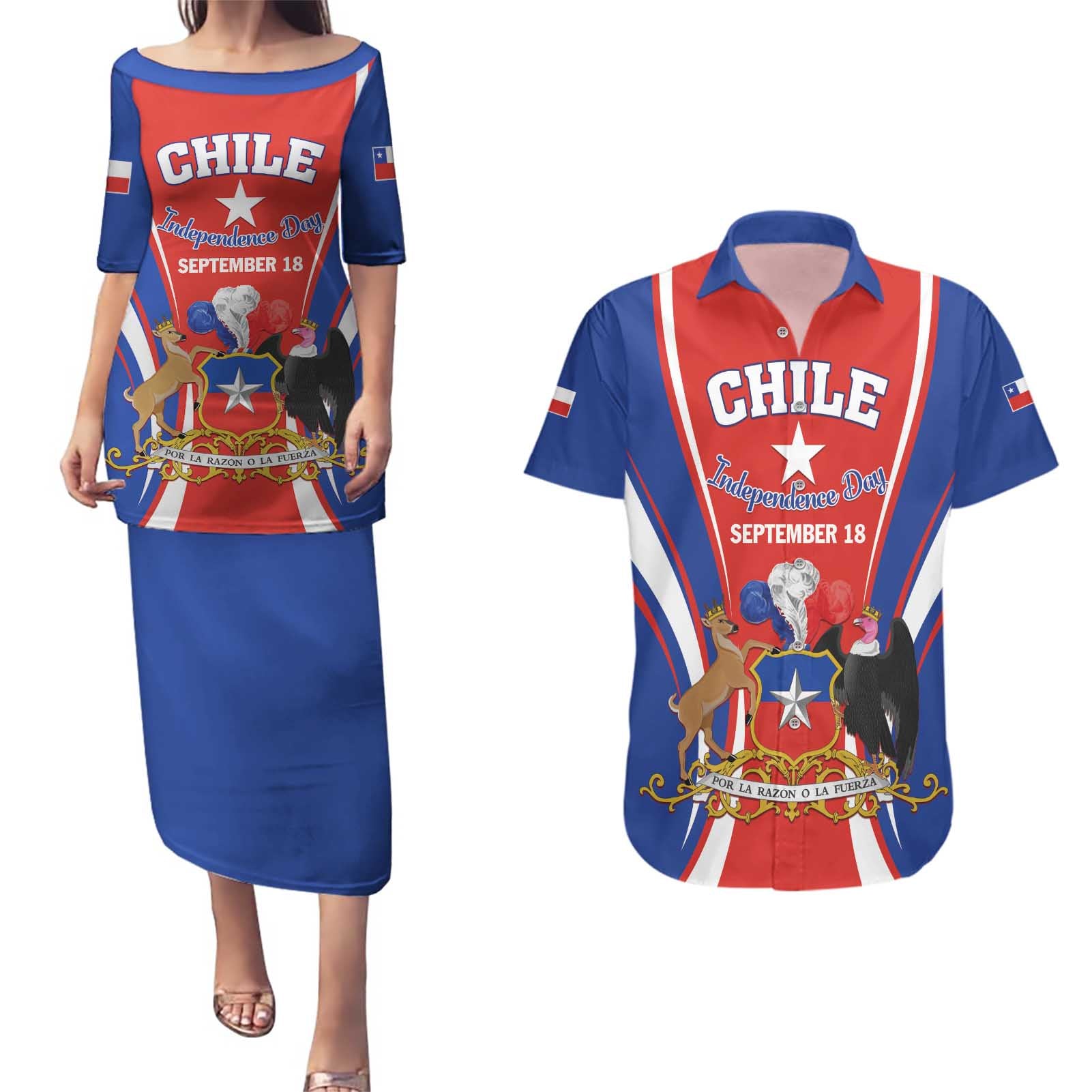 Chile Independence Day Couples Matching Puletasi and Hawaiian Shirt September 18 Por la razon o la fuerza - Wonder Print Shop