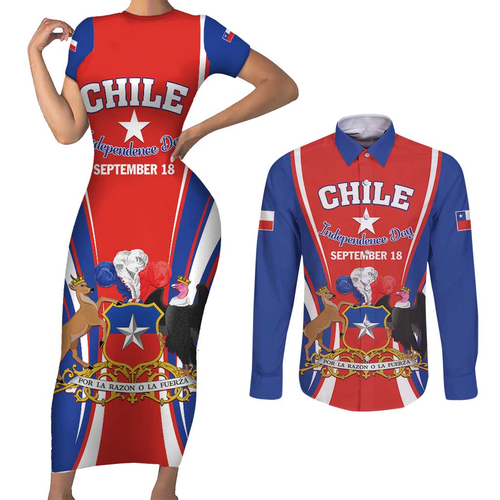 Chile Independence Day Couples Matching Short Sleeve Bodycon Dress and Long Sleeve Button Shirt September 18 Por la razon o la fuerza - Wonder Print Shop