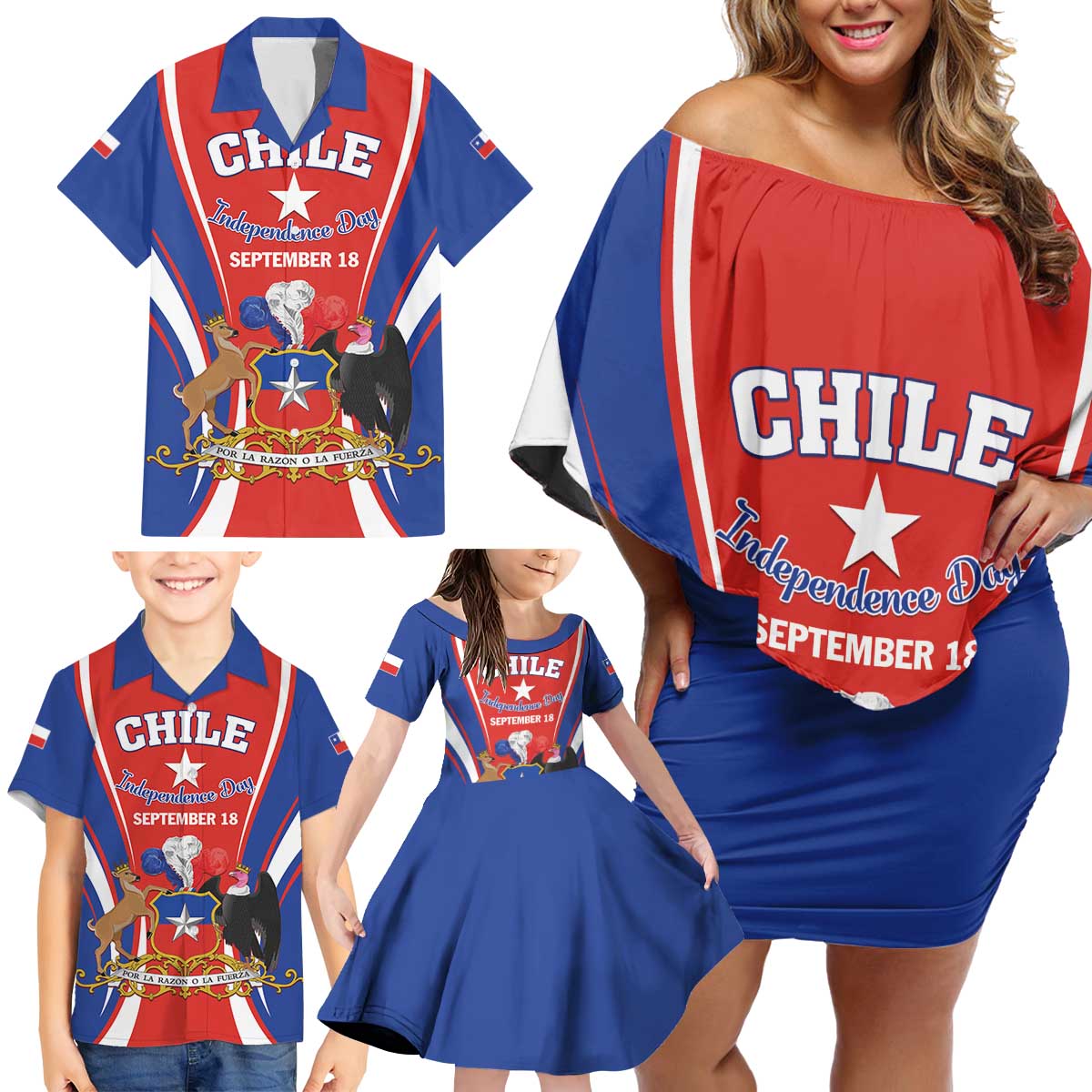 Chile Independence Day Family Matching Off Shoulder Short Dress and Hawaiian Shirt September 18 Por la razon o la fuerza - Wonder Print Shop