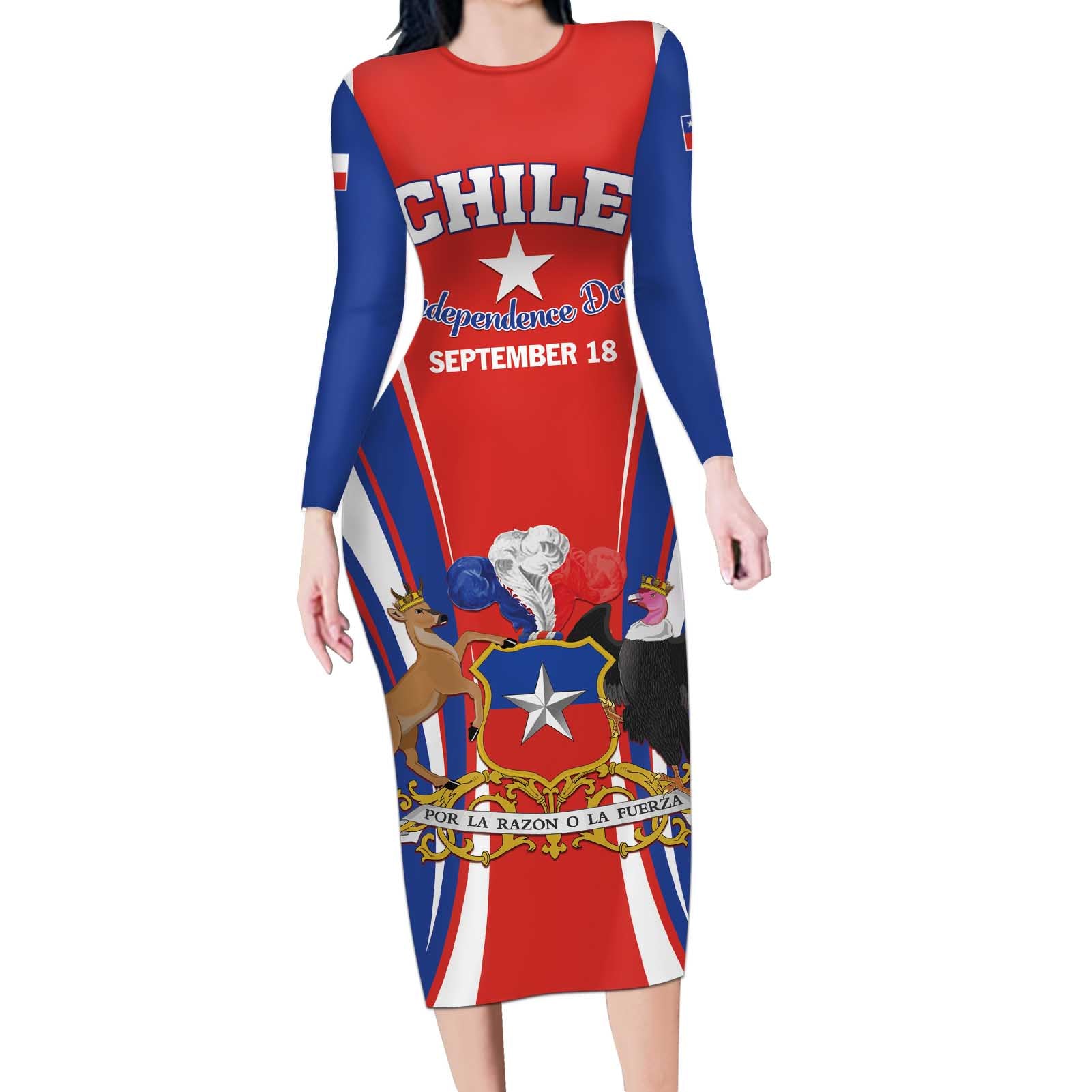 Chile Independence Day Long Sleeve Bodycon Dress September 18 Por la razon o la fuerza - Wonder Print Shop