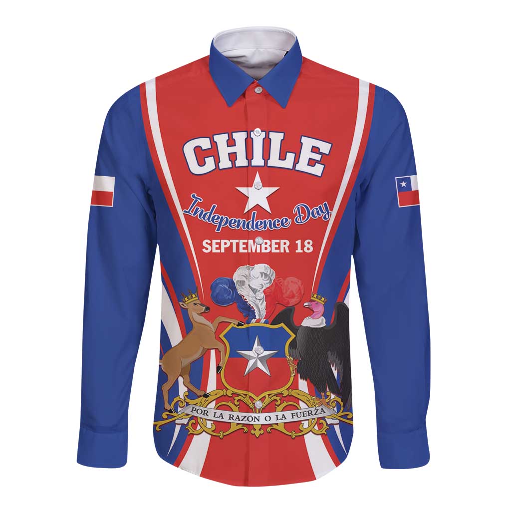 Unisex long-sleeve button shirt, red and blue with CHILE Independence Day graphic