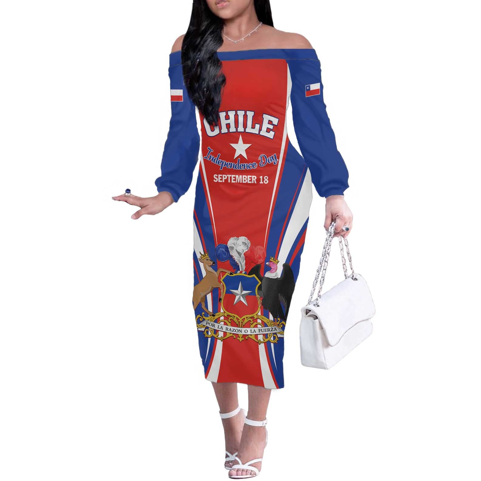 Chile Independence Day Off The Shoulder Long Sleeve Dress September 18 Por la razon o la fuerza - Wonder Print Shop