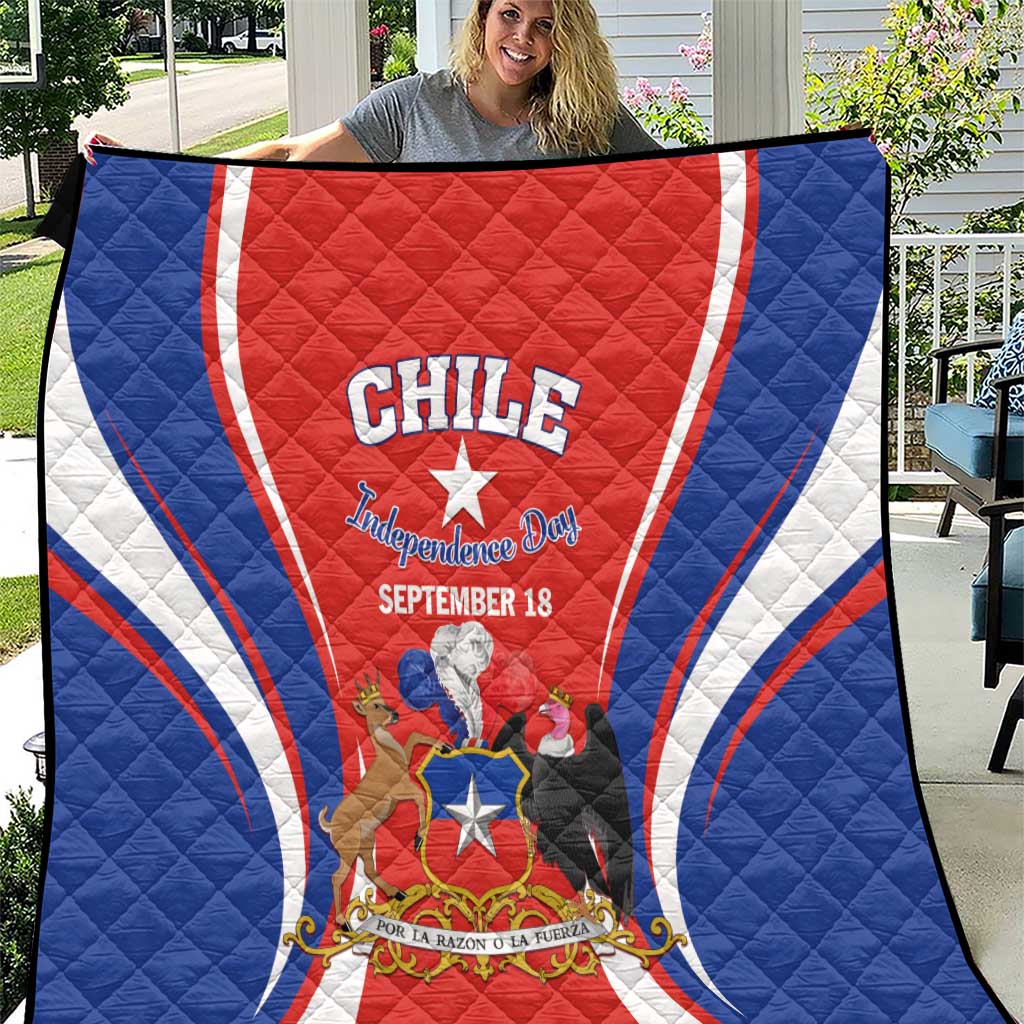 Blue and red Chile independence quilt with “CHILE” crest and September 18 design