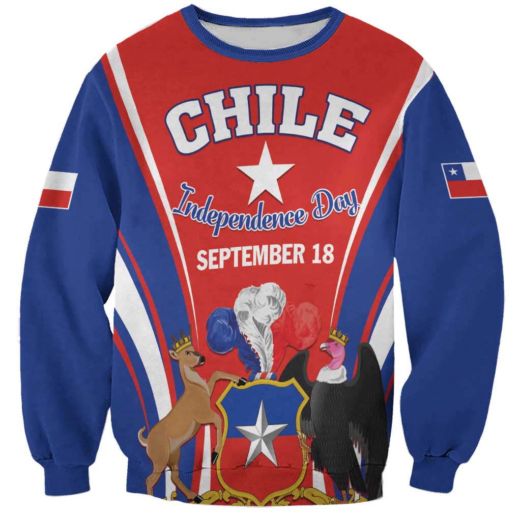Unisex red and blue graphic sweatshirt with Chile Independence Day text and star