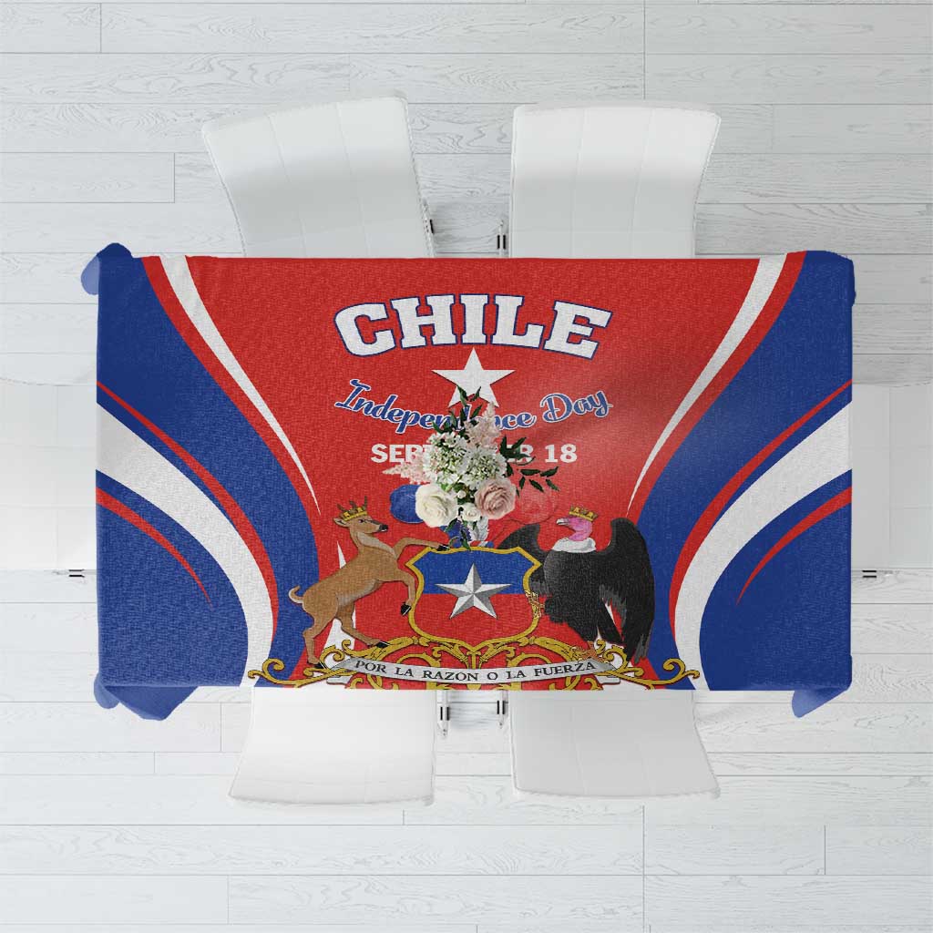 Chile Independence Day tablecloth, red blue white with emblem and stars center panel