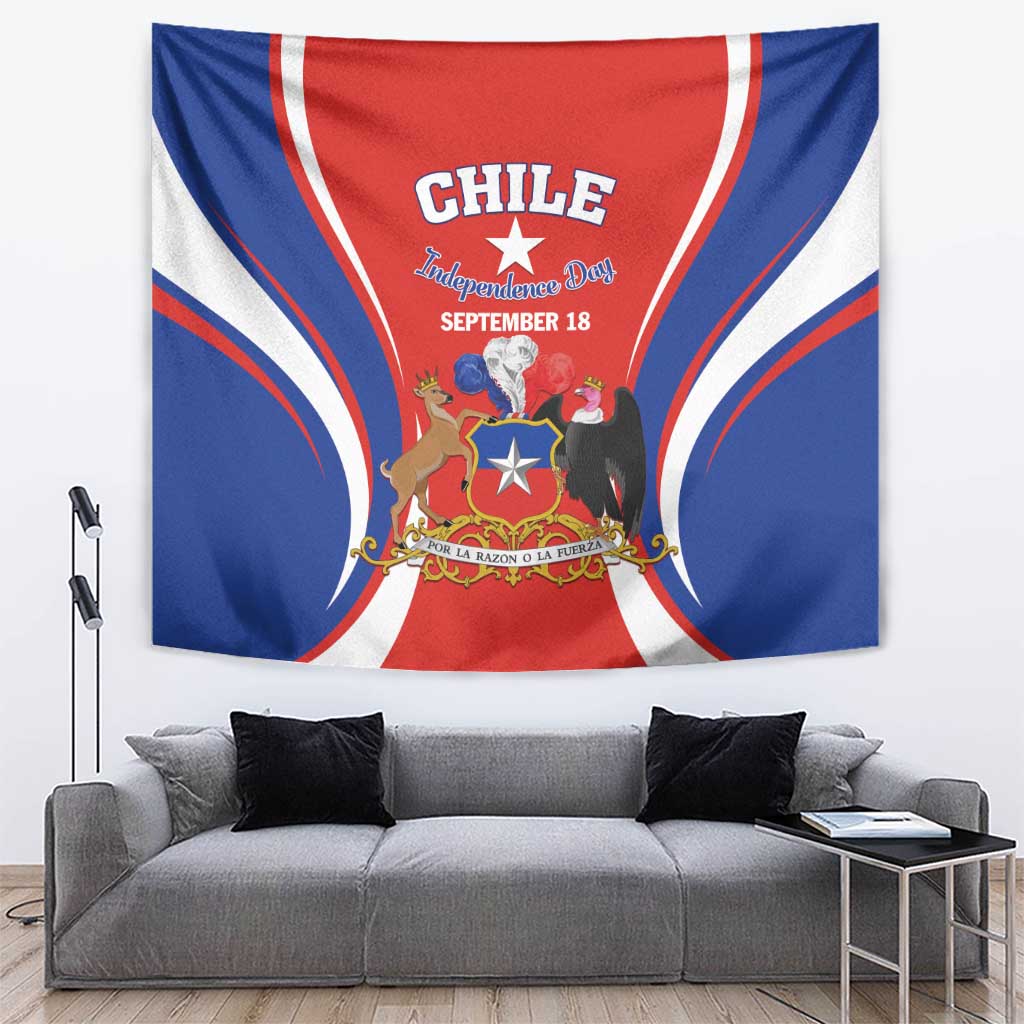 Red, blue, and white Chile Independence Day tapestry with crest emblem and Sept 18