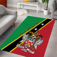 Rectangular area rug with green outer border, red center, black stripe, and coat-of-arms print