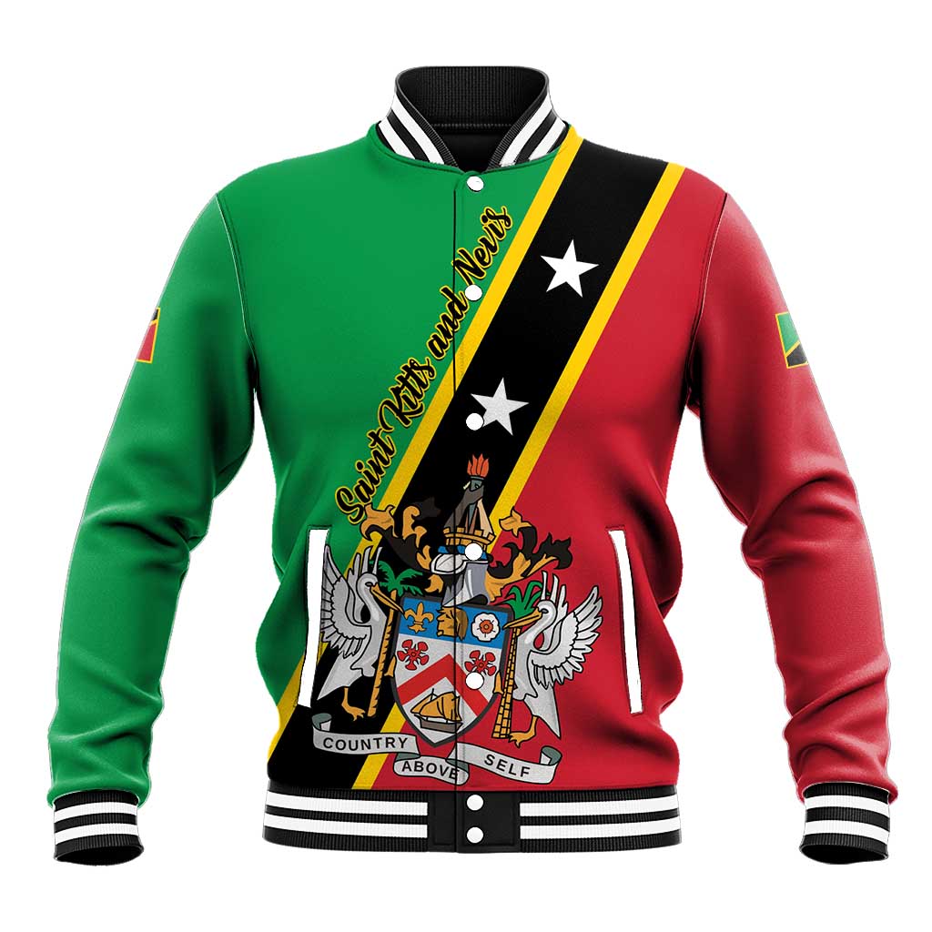 Green and red varsity baseball jacket with black stripe panels, ribbed collar and cuffs.