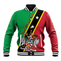 Green and red varsity baseball jacket with black stripe panels, ribbed collar and cuffs.