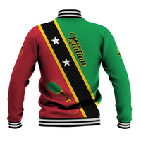 Green and red varsity baseball jacket with black diagonal stripe, ribbed collar and cuffs, back.