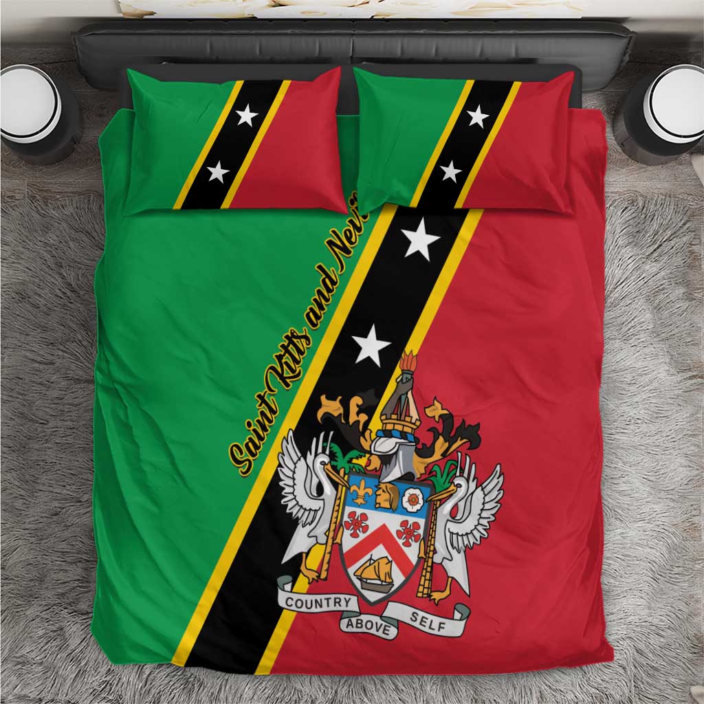 Green, red, and black bedding set with flag stripes, crest emblem, and 2 pillowcases