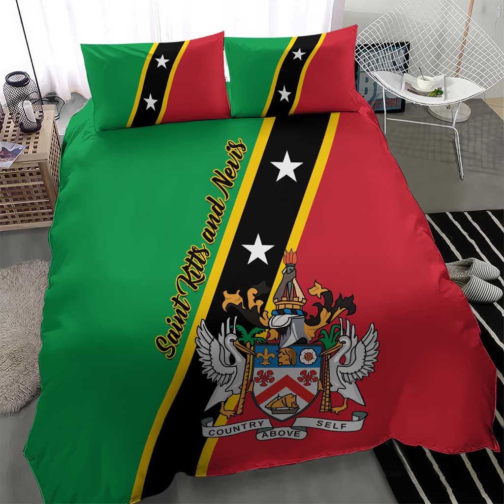 Close-up bedding set: green/red flag colors, black stripe with stars, crest emblem