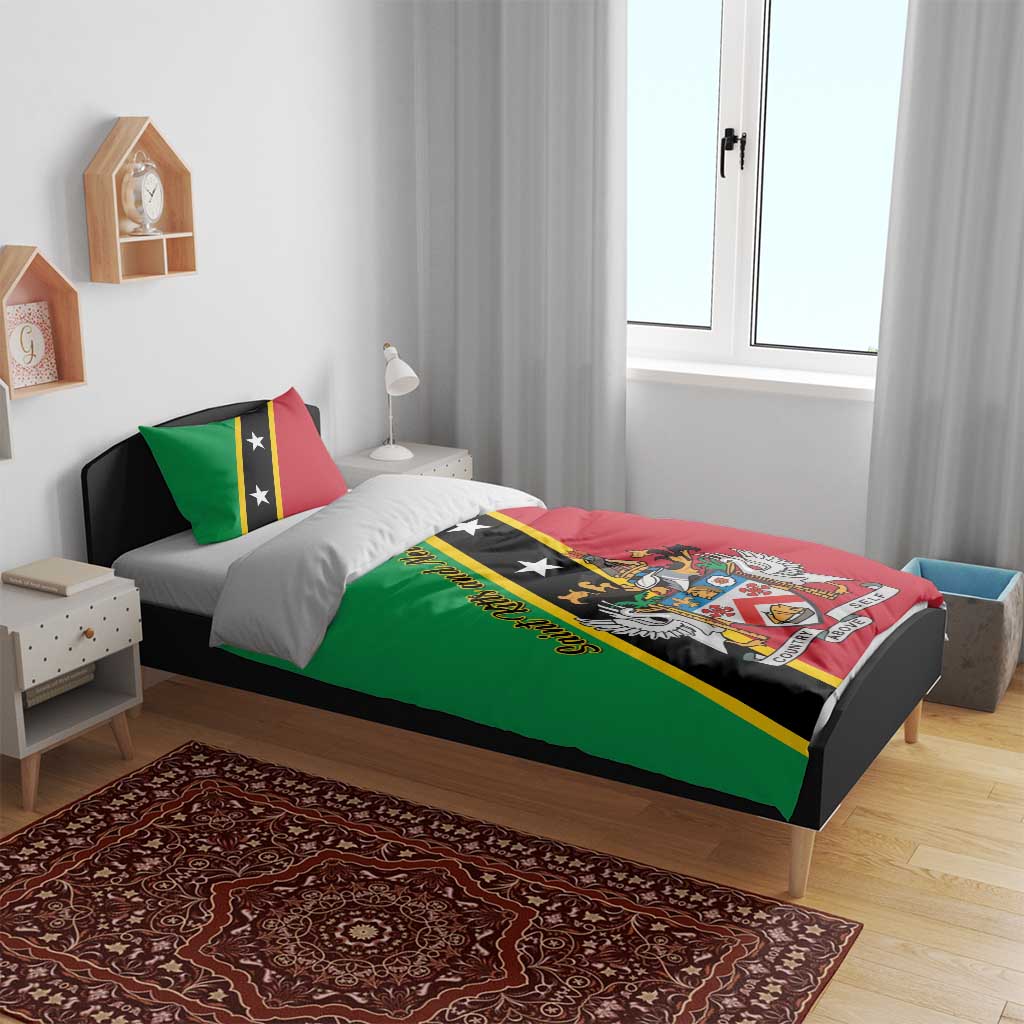 Green and red country flag bedding set with crest emblem, stars, and two matching pillows