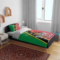 Green and red country flag bedding set with crest emblem, stars, and two matching pillows