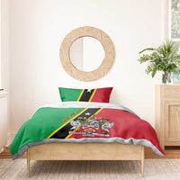 Green and red Saint Kitts and Nevis duvet with black star stripe and crest emblem