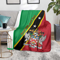 Green and red Saint Kitts and Nevis blanket on couch with crest artwork and diagonal stripes