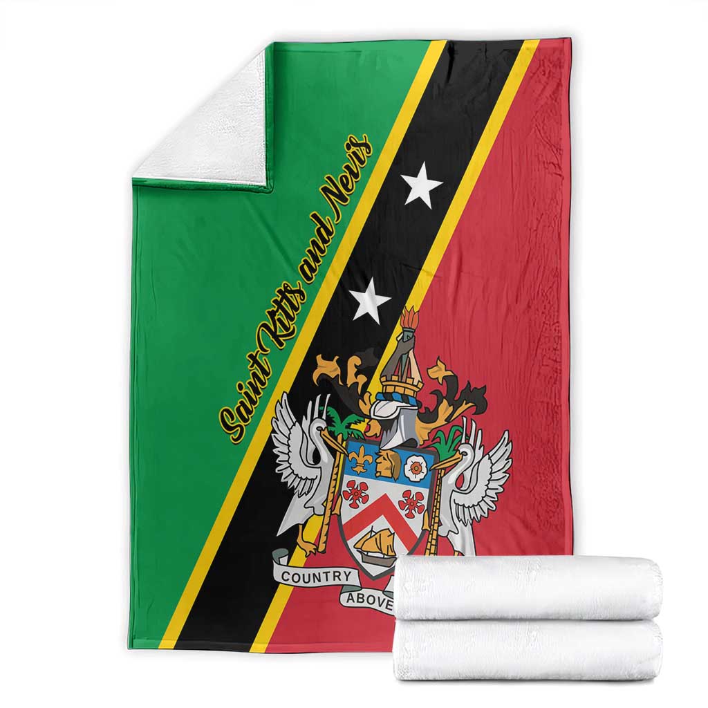Green, black, and red Saint Kitts and Nevis blanket folded, with crest, wings, and star details