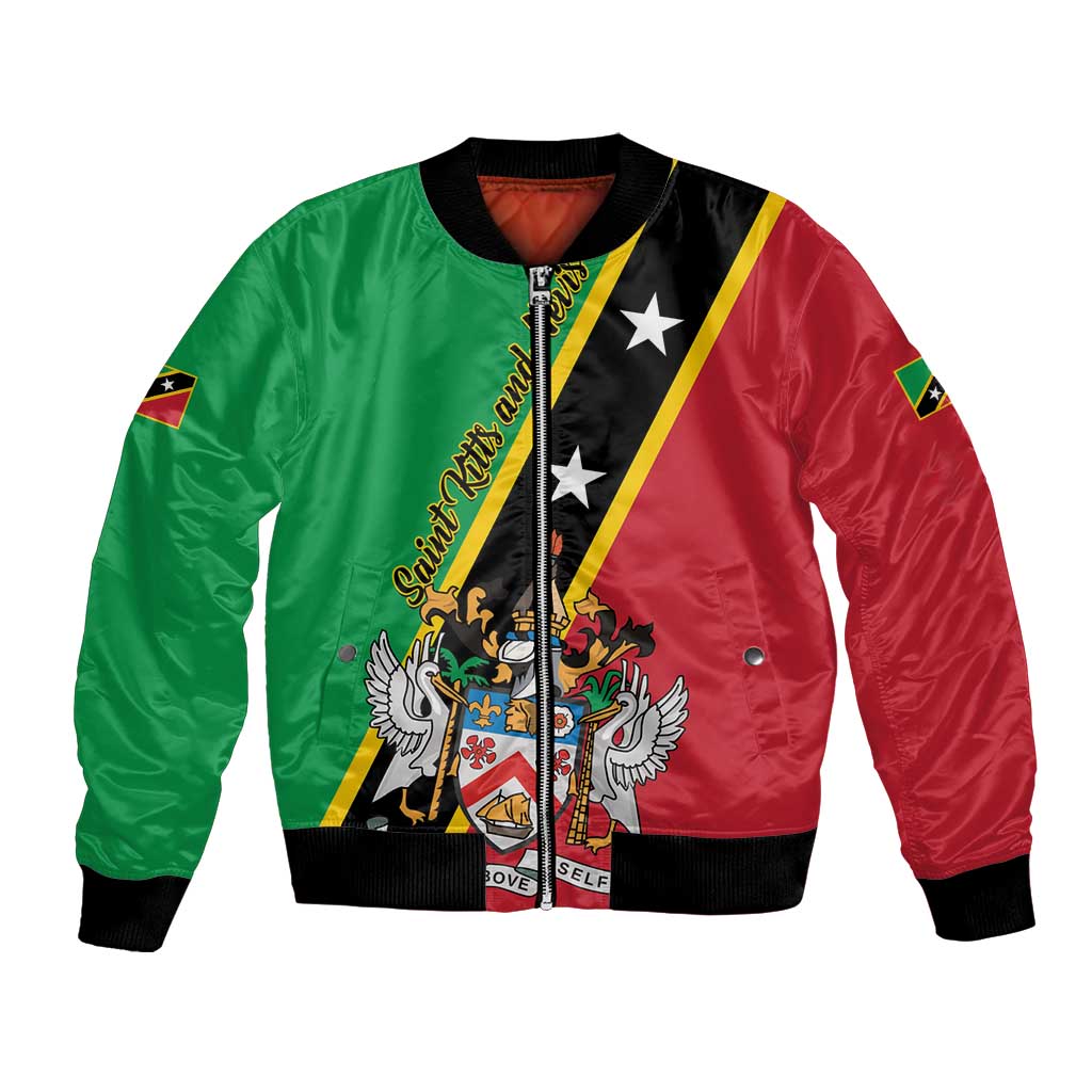 Unisex bomber jacket with green, red, and black panels, star stripe, zip front