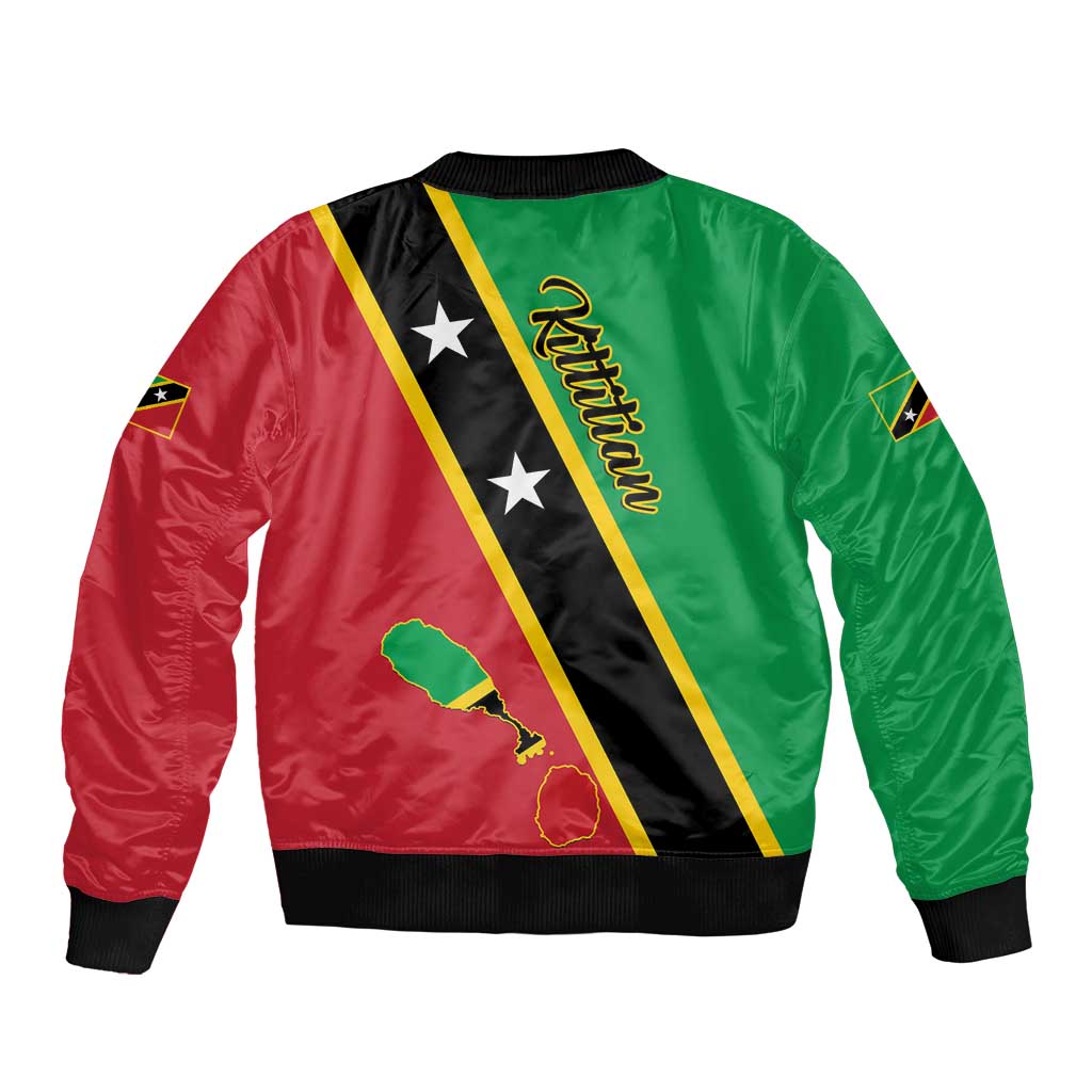 Unisex bomber jacket, green and red back with diagonal black stripe and stars