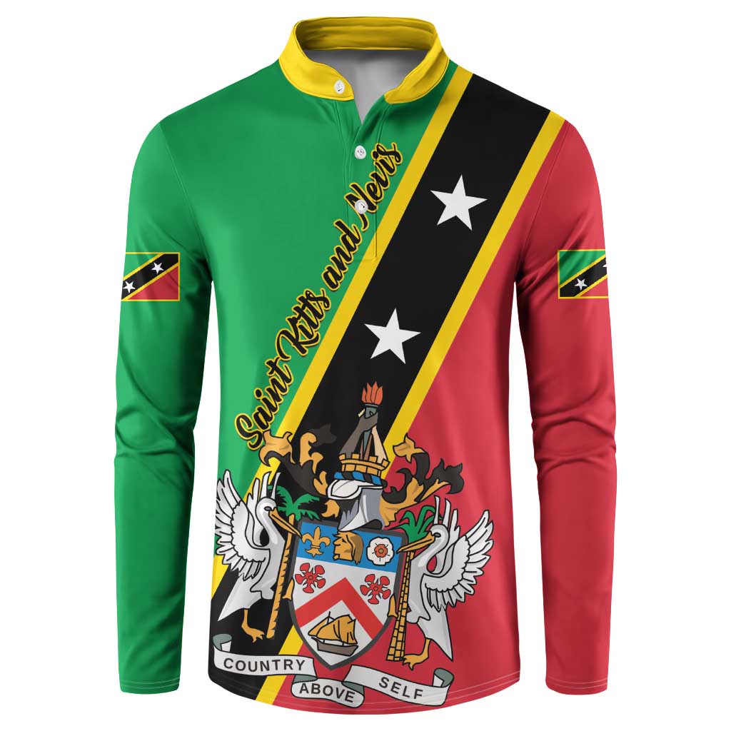 Green, red and black button sweatshirt with yellow trim and crest graphic on front.