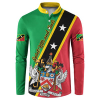 Green, red and black button sweatshirt with yellow trim and crest graphic on front.