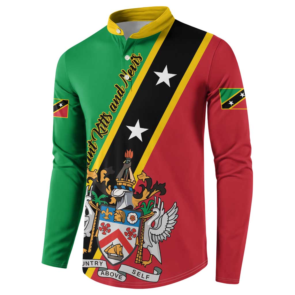 Green and red button sweatshirt with yellow diagonal band, star emblem, and coat-of-arms crest.