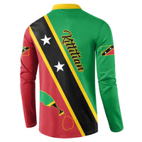 Green, red and black back-print button sweatshirt with yellow diagonal stripe and star motif.