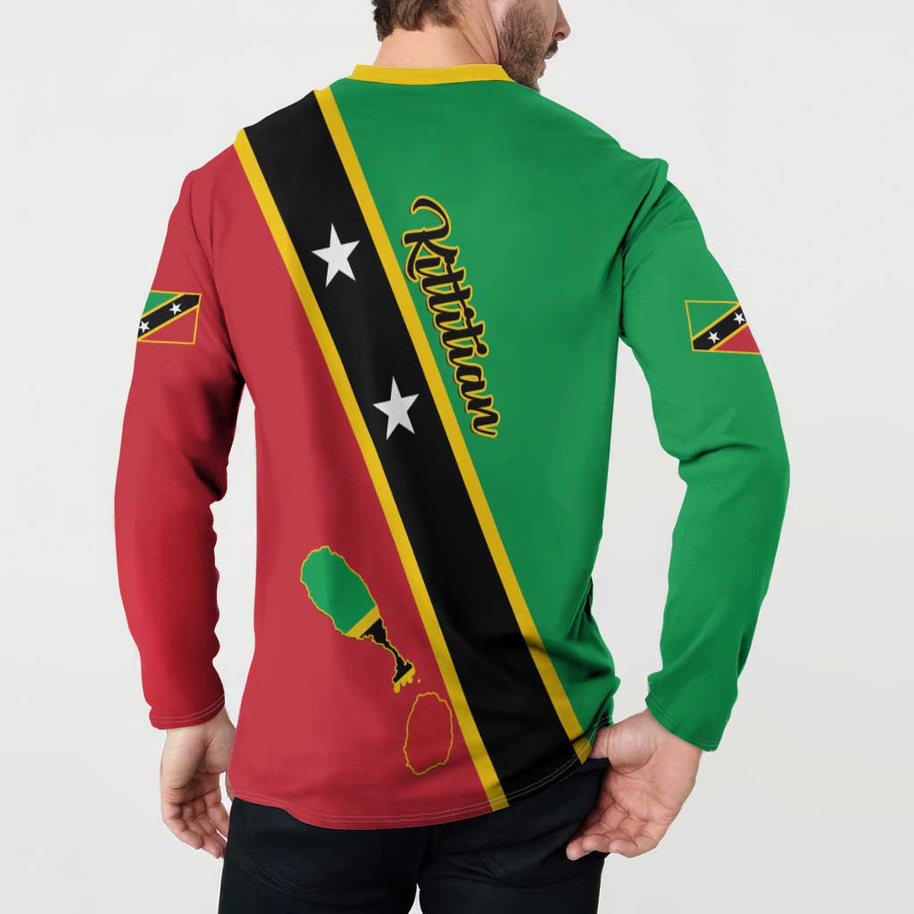 Green and red back button sweatshirt with yellow diagonal stripe, stars, and script graphic.